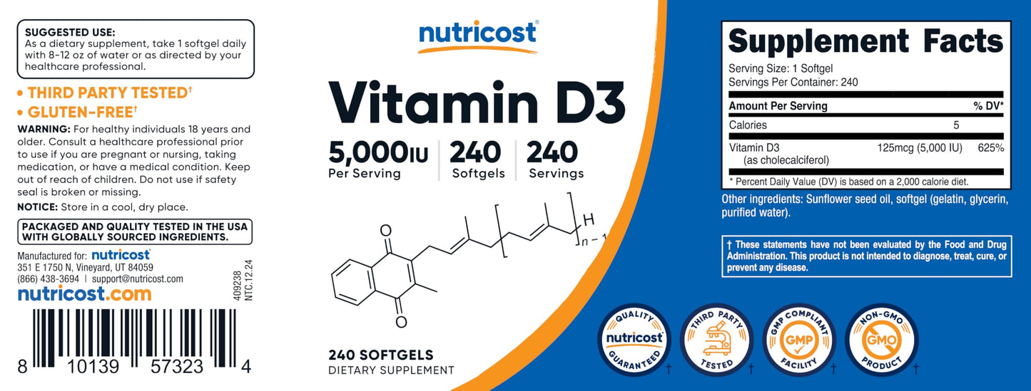 Pre-Order | Arrives in 5–10 Days – Nutricost Vitamin D3 5,000 IU (125mcg), 240 Softgels - Non-GMO and Gluten Free Vitamin D