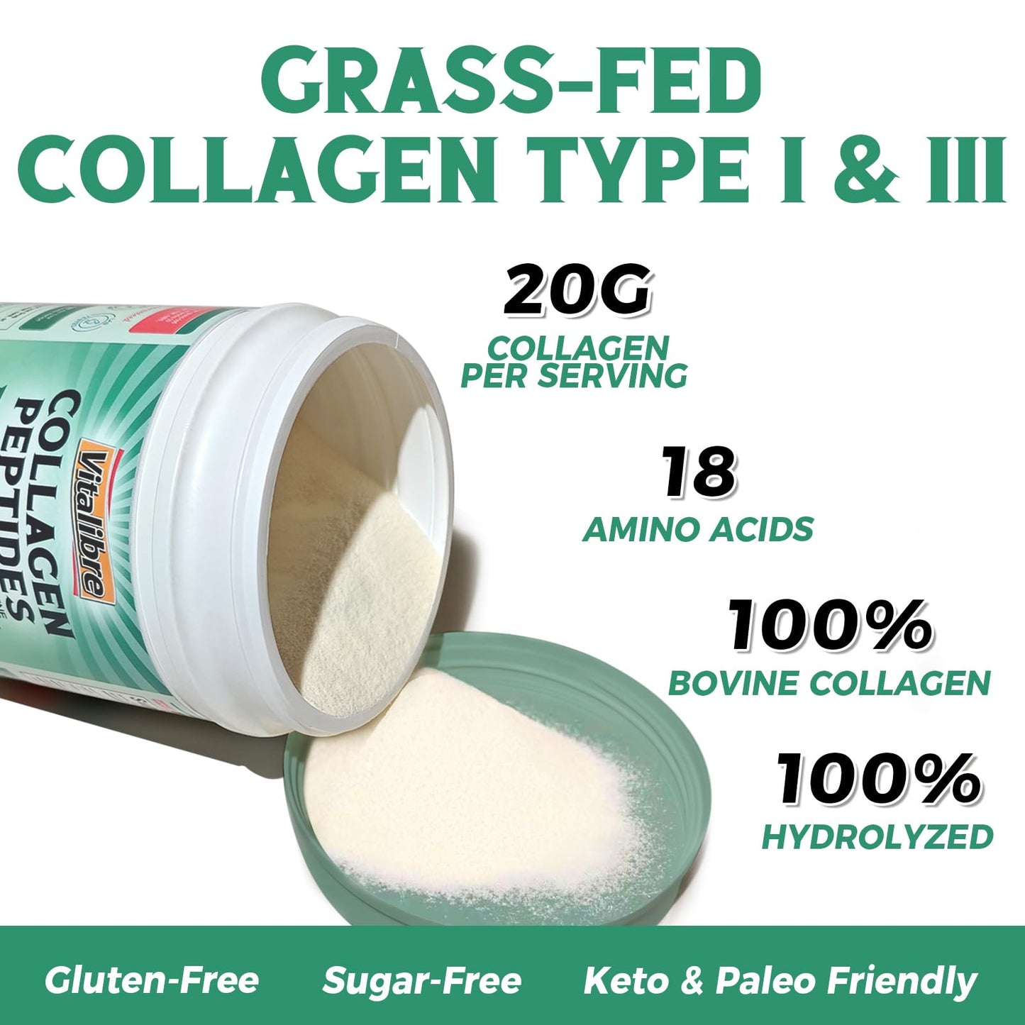 Vitalibre Bovine Collagen Peptides Powder for Women and Men, Grass-Fed Hydrolyzed Collagen Protein Type I & III, Skin, Hair, Nails, Bones, Digestion, Unflavored, Non-GMO, Keto & GF, 11 Servings, 8oz