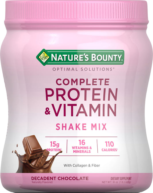 Nature's Bounty Complete Protein & Vitamin Shake Mix with Collagen & Fiber | Contains Vitamin C for Immune Health | Decadent Chocolate Flavored | 1 lb