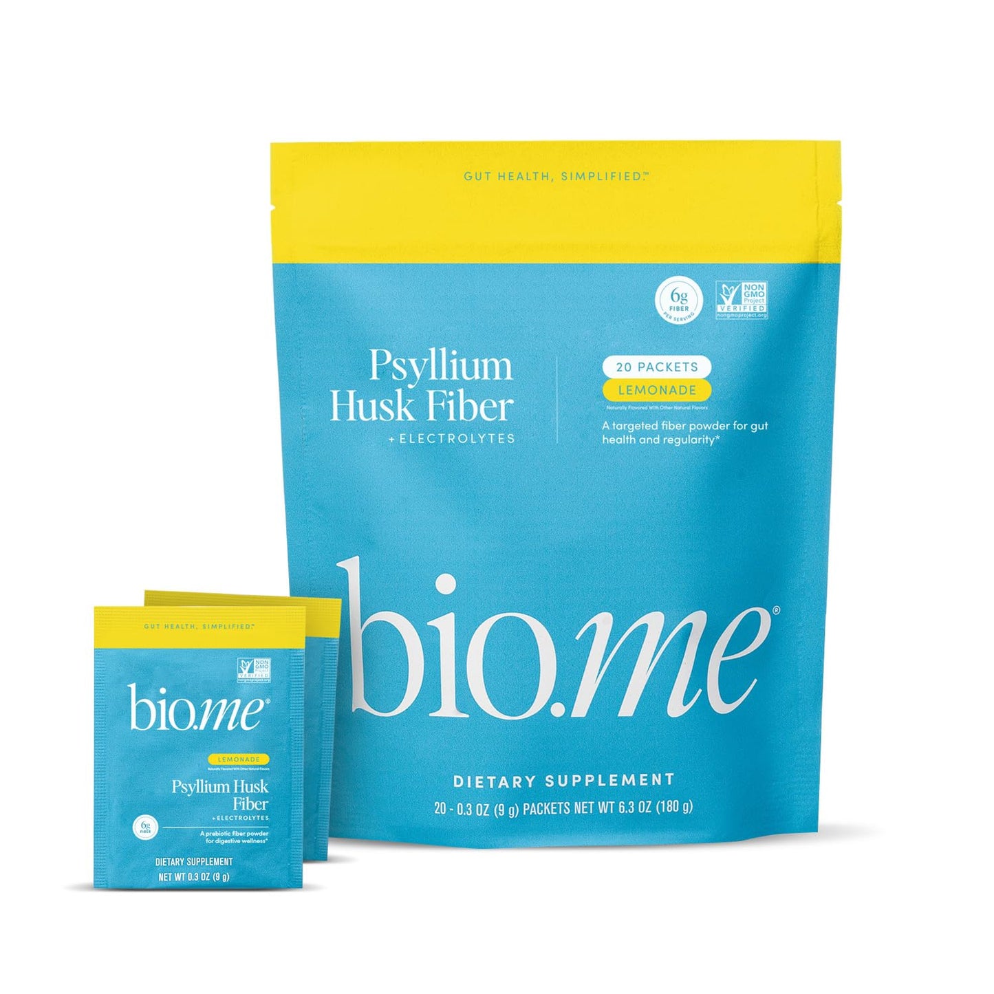 Psyllium Husk Fiber Lemonade 20 Count Travel Packs (6g Per Packet) - Psyllium Husk Powder for Digestive Health & Bloating Relief, Gluten Free, Sugar Free Prebiotic Fiber Powder, Non-GMO Supplement