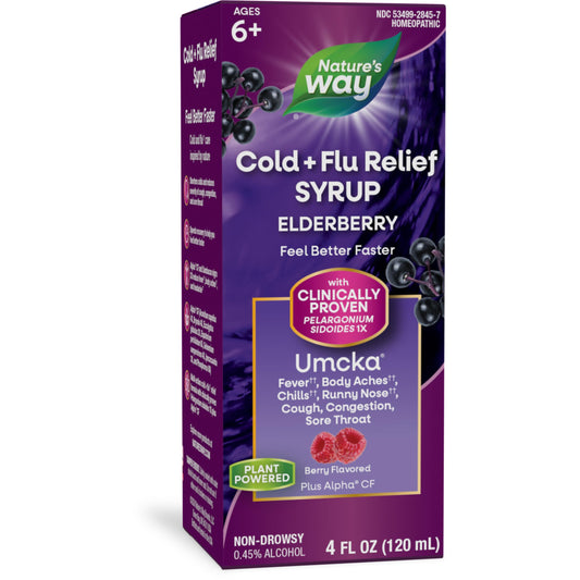 Nature's Way Cold + Flu Relief Syrup*, Umcka, Sore Throat, Cough, Congestion, Fever*, Body Aches*, Phenylephrine Free, Homeopathic, Non-Drowsy, Berry Flavored, 4 Fl Oz (Packaging May Vary)