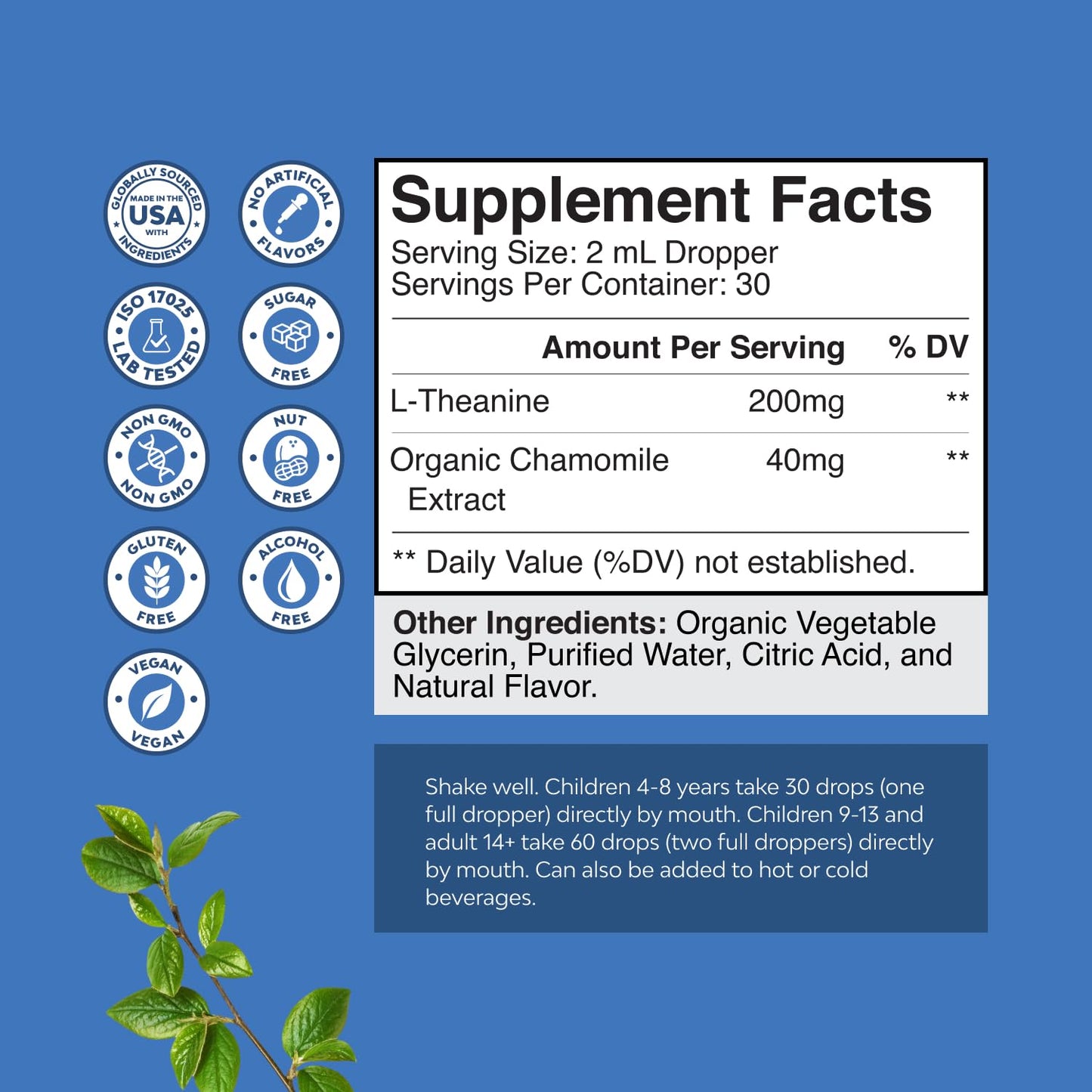 High Absorption L-Theanine Liquid Drops - Nootropic Focus Supplement with L Theanine 200mg Per Serving and Chamomile Extract - L Theanine Supplement for Adults and Kids Relaxation and Focus - 2oz