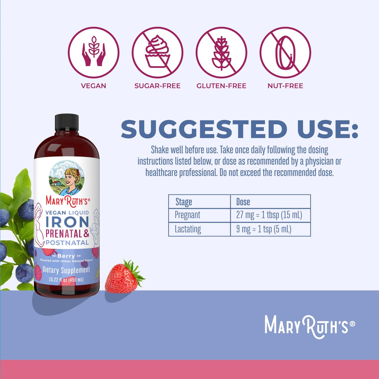 MaryRuth Organics | Liquid Iron Supplement Prenatal & Postnatal for Pregnant & Lactating | Iron Deficiency | Immune Support | Sugar/Gluten Free | Vegan | Non-GMO | 15.22 Fl Oz