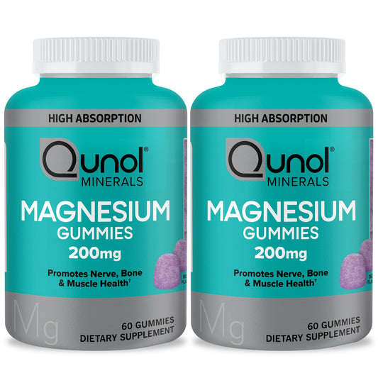 Qunol Magnesium Gummies for Adults, Qunol 200mg Magnesium Citrate Gummies, High Absorption Magnesium Supplement, Supports Nerve Health, Bone Health, Muscle Health, Vegetarian, 60 Count, Pack of 2