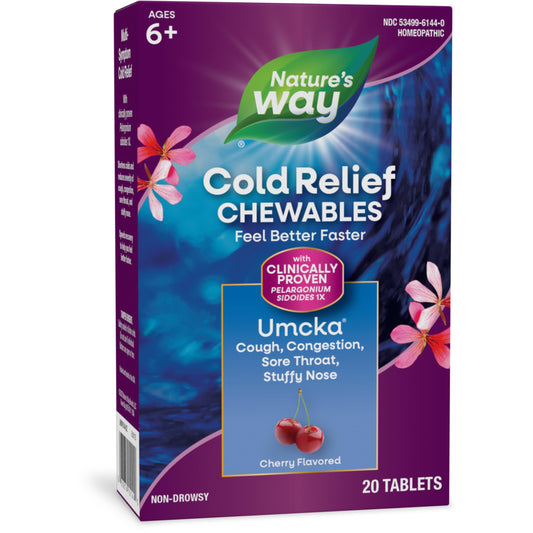 Nature's Way Cold Relief, Umcka, Shortens Duration and Reduces Severity, Multi-Symptom Cold Relief, Homeopathic, Phenylephrine Free, Cherry Flavored, 20 Chewable Tablets