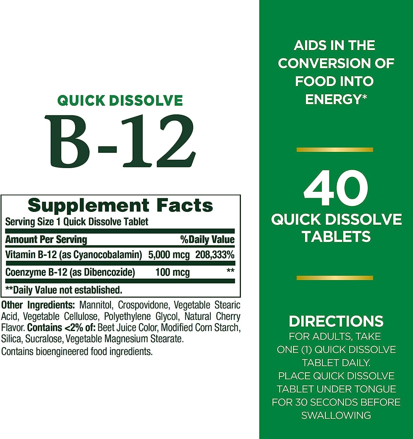 Nature's Bounty Vitamin B12, Supports Energy Metabolism and Nervous System Health, 5000mcg, 40 Quick Dissolve Tablets