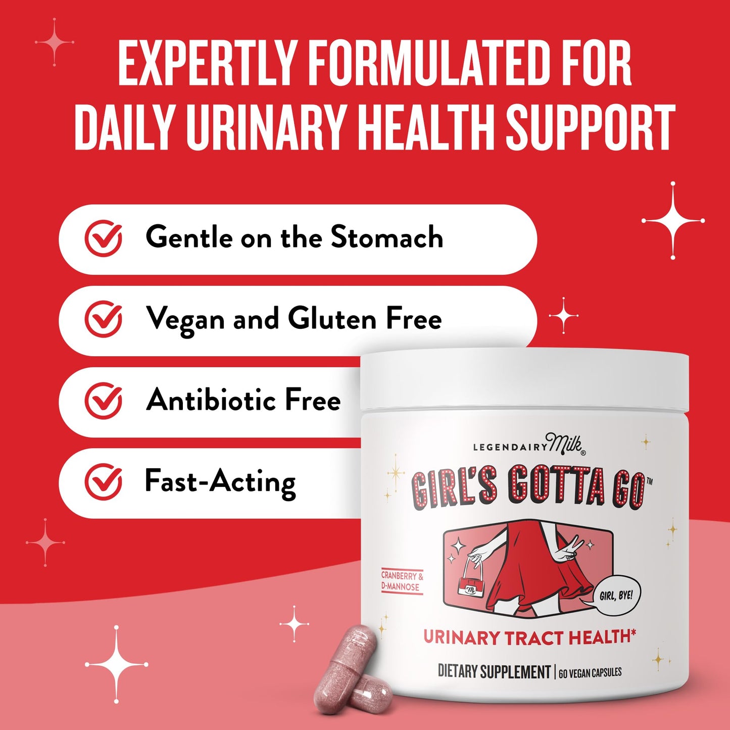 Legendairy Milk Girl’s Gotta Go™ - UTI Support Supplement - Urinary Tract Health for Women - UTI Relief for Women with Sugar-Free Cranberry and D-Mannose, 30 Servings