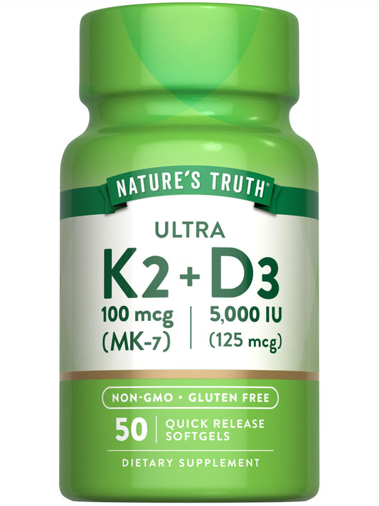 Nature's Truth Vitamin K2 MK7 Complex | 100 mcg | 50 Softgels | with D3 | Non-GMO & Gluten Free Supplement