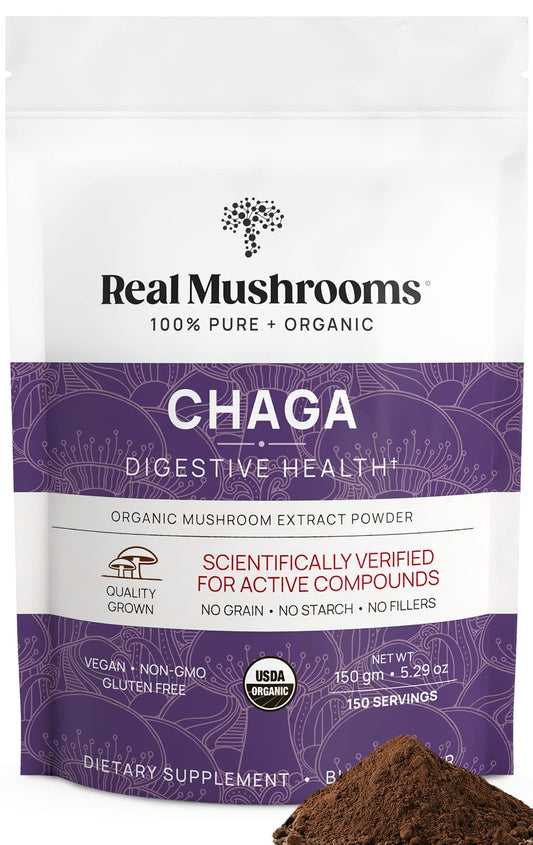 Real Mushrooms Chaga Mushroom Powder – Organic Chaga Extract from Fruiting Body – for Wellness & Energy Support – Vegan, Non-GMO, 150 Servings – Mushroom Supplement for Daily Use