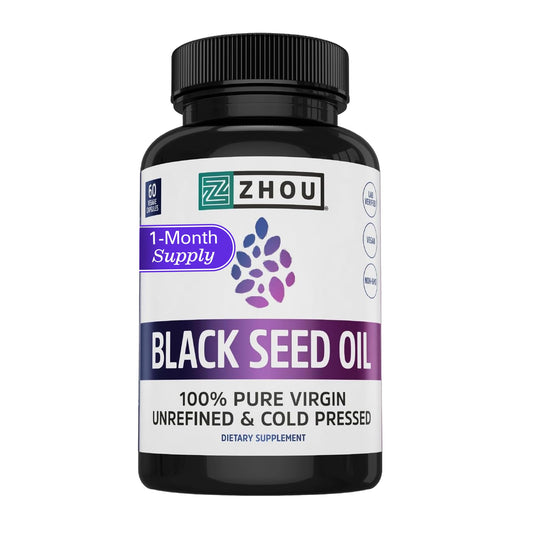 Zhou Black Seed Oil Capsules - Black Cumin Seed Oil Cold Pressed, Nigella Sativa, Pure Unrefined Blackseed, Premium Supplement for Health, Hair & Skin w/ Thymoquinone - 60 Capsules (Pack of 1)