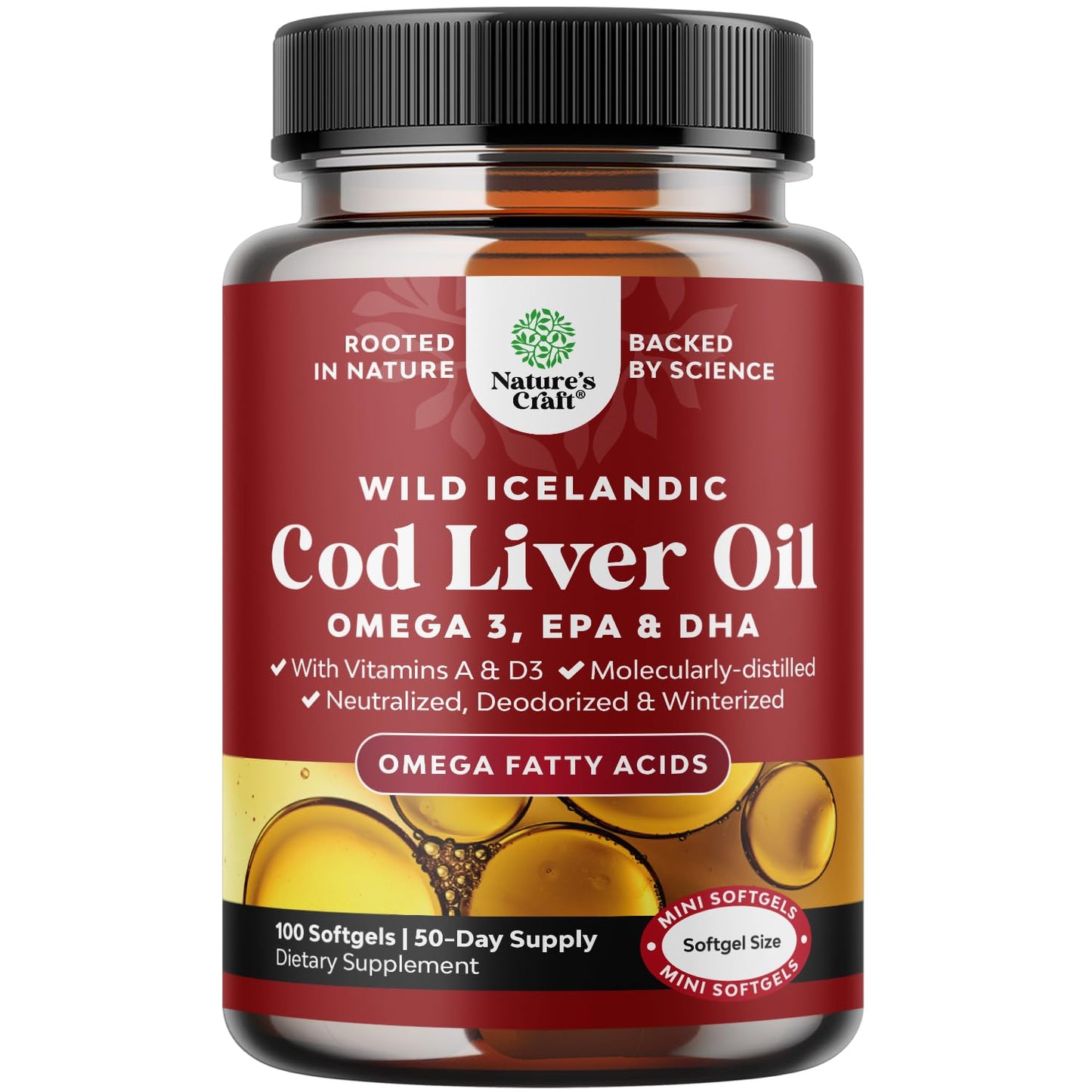 Icelandic Wild Caught Cod Liver Oil Softgels - Fish Omega 3, EPA, DHA, Vitamin D & A, 1000mg Per Serving - Burpless Capsules for Heart, Joint, Brain & Immune Support - 100 Count