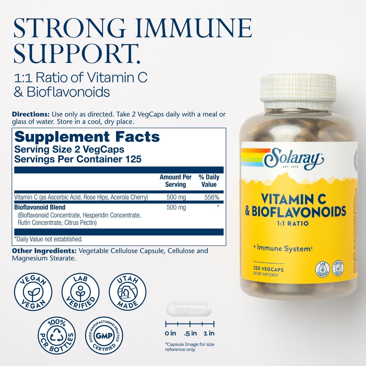 Pre-Order | Arrives in 5–10 Days – SOLARAY Vitamin C 500mg with Citrus Bioflavonoids, 1:1 Ratio - Antioxidant and Immune Support Supplement - Vitamin C with Rose HIPS and Acerola, Vegan, 60-Day Guarantee, 125 Servings, 250 VegCaps