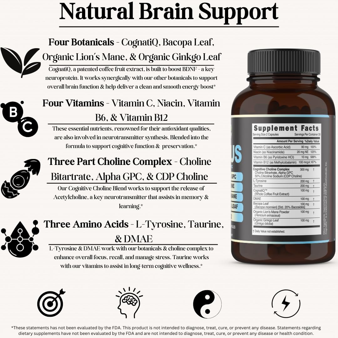 Inner Bounty Focus 14-in-1 Nootropic Brain Supplement with Lions Mane, Alpha GPC Choline, Vitamin C & B12, Taurine, Bacopa - Energy, Cognitive, Memory Support, 60 Filler Free Capsules