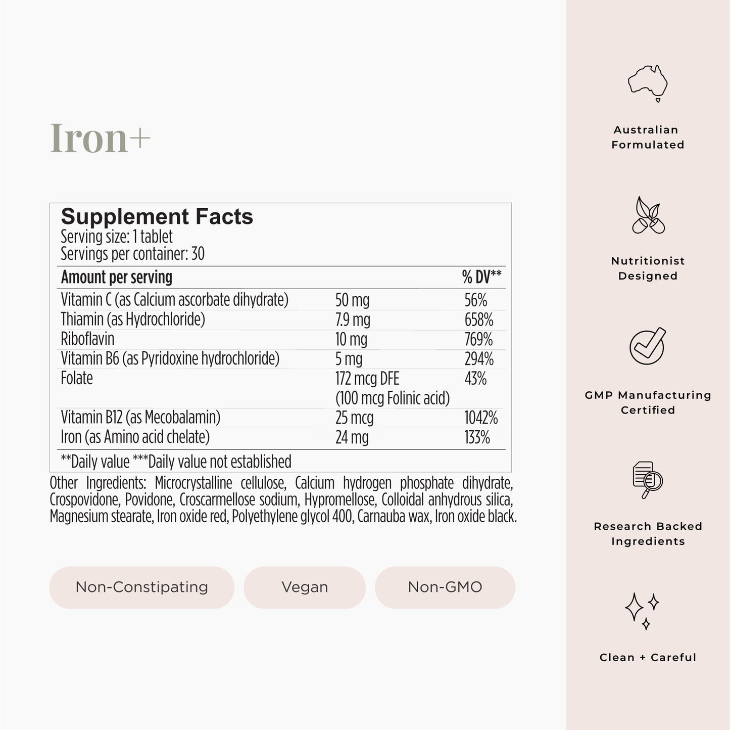 JSHealth Vitamins Iron+ Supplement for Energy Support - Iron Deficiency Pills with Vitamin C and Vitamin B12 - No Nausea - (30 Tablets)