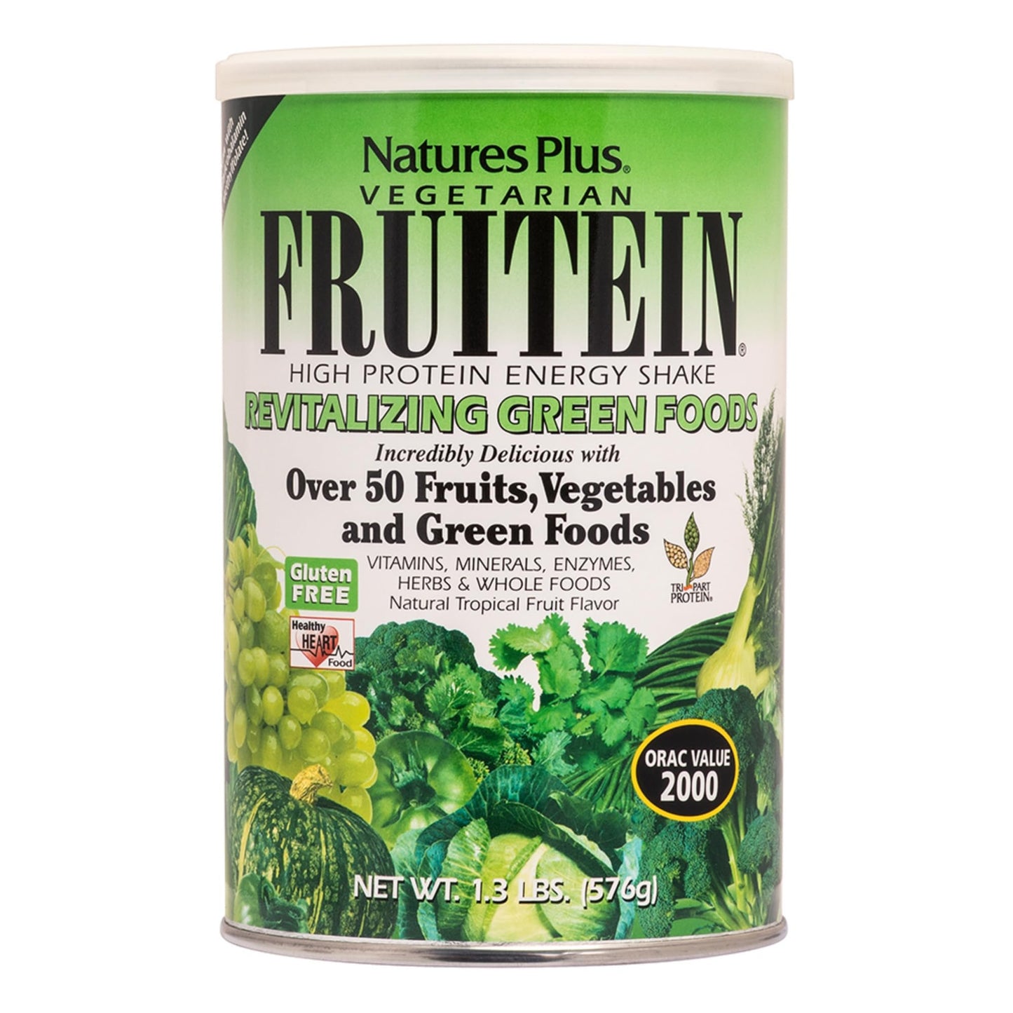 NaturesPlus FRUITEIN Revitalizing Green Foods Shake - 1.3 lbs - Plant-Based Protein (13g/Serving) - Supports Energy & Immune System - Vegetarian, Gluten Free & Non-GMO - 16 Servings