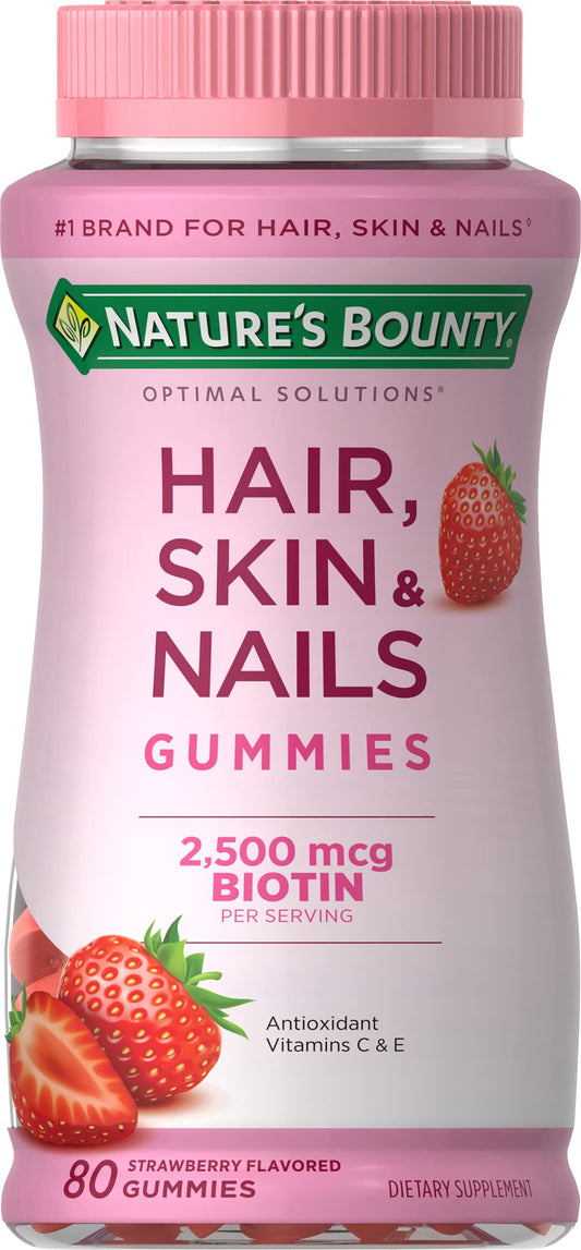 Nature's Bounty Optimal Solutions Hair, Skin & Nails Vitamin Gummies with Biotin, 2500 mcg, Strawberry, 80 Count, 40 Total Servings