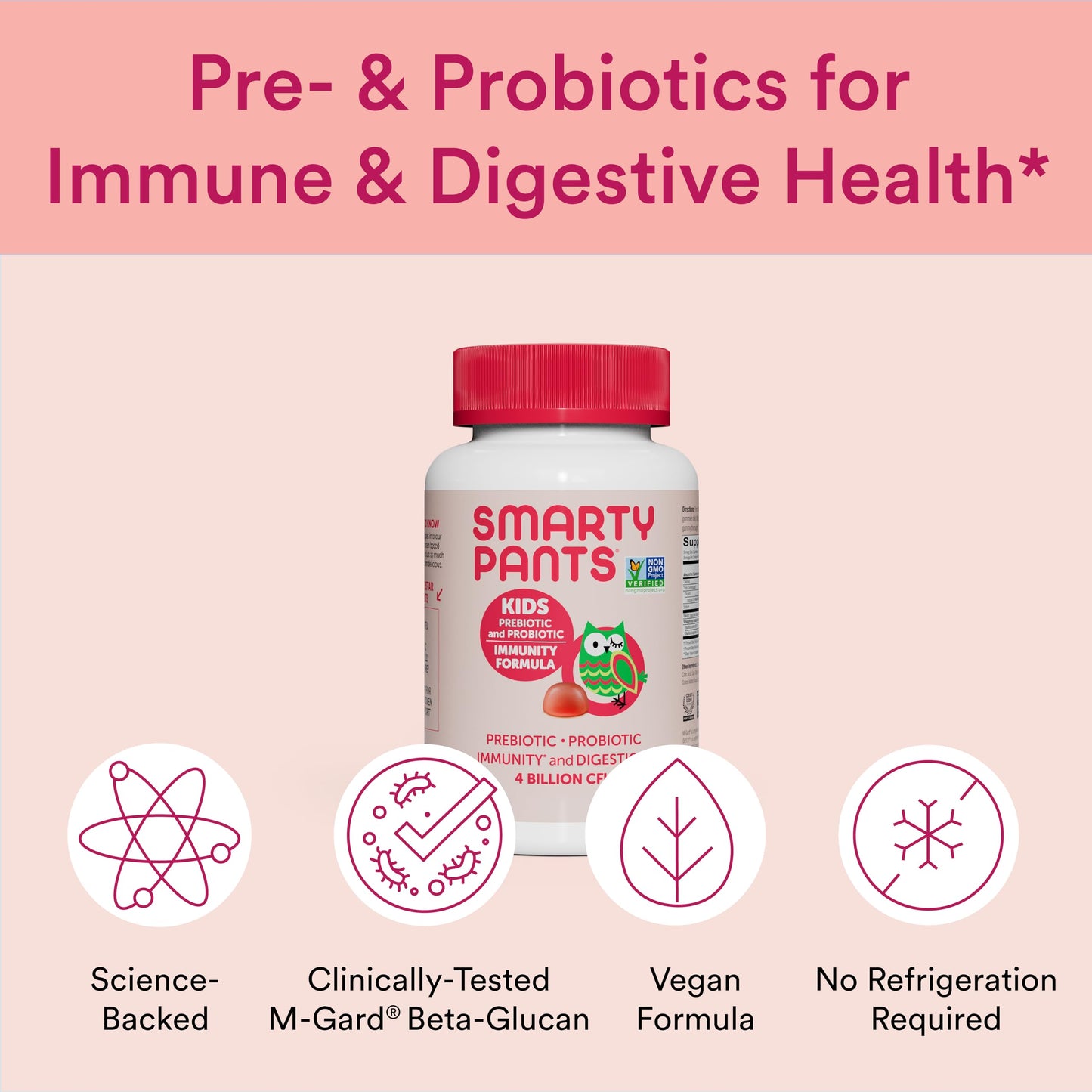 SmartyPants Kids Probiotic Immunity Gummies: Prebiotics & Probiotics for Immune Support & Digestive Comfort, Strawberry Crème, Vegan Gummy Vitamins, 60 Count, 30 Day Supply, No Refrigeration Required