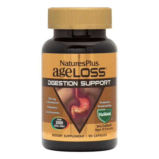 Natures Plus AgeLoss Digestion Support - 90 Capsules - Prebiotics, Live Enzymes & 150 mg L-Glutamine - Gluten Free - 30 Servings