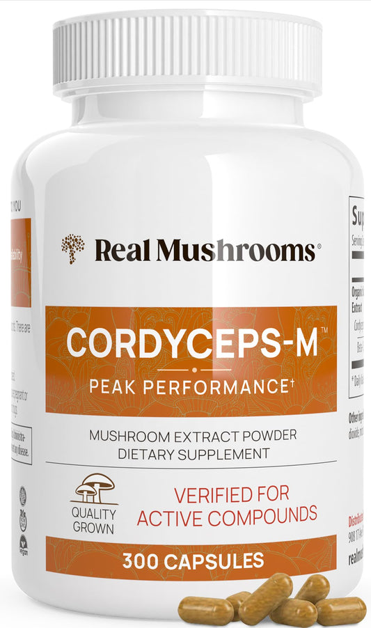Real Mushrooms Capsules Supplements - Organic Cordyceps Mushroom Powder in Capsules – for Daily Wellness Support – Rich in Beta Glucans - Vegan, Non-GMO, 300 ct Organic Militaris Extract