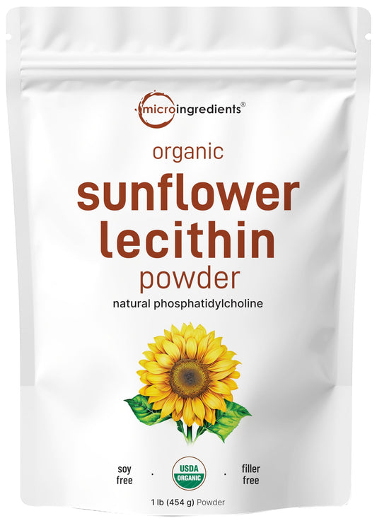 Micro Ingredients Organic Sunflower Lecithin Powder, 1 Pound, Sustainable Farmed, Cold Pressed, Rich in Phosphatidyl Choline and Protein, Making Liposomal Vitamin C, Lactation Supplement, Non-GMO
