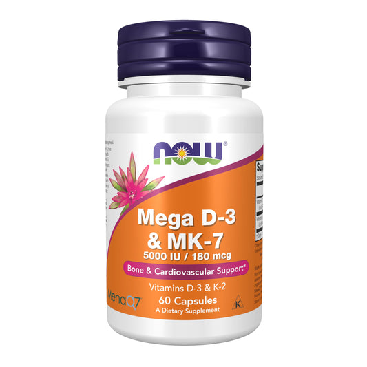 NOW Foods Supplements, Mega D-3 & MK-7 with Vitamins D-3 & K-2, 5,000 IU/180 mcg, Bone & Cardiovascular Support*, 60 Veg Capsules