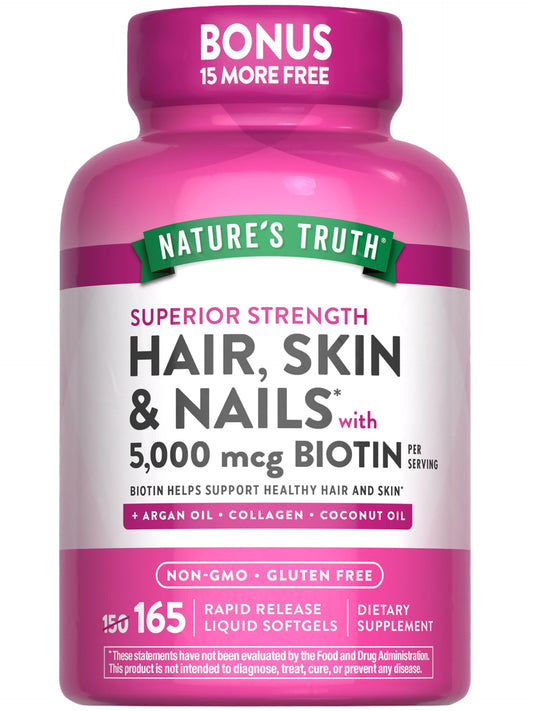 Nature's Truth Hair, Skin & Nails Vitamin | 5000 mcg Biotin | 165 Softgels | with Collagen | Non-GMO & Gluten Free Supplement