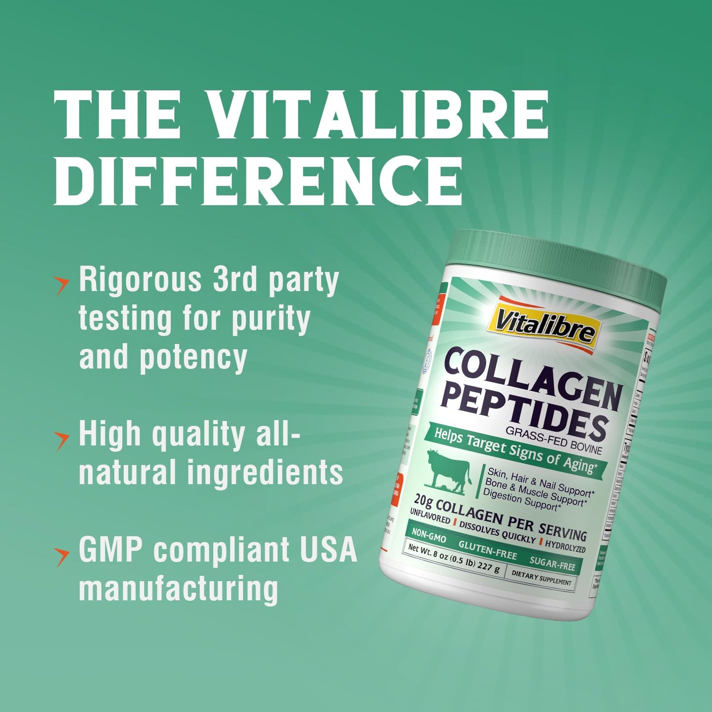Vitalibre Bovine Collagen Peptides Powder for Women and Men, Grass-Fed Hydrolyzed Collagen Protein Type I & III, Skin, Hair, Nails, Bones, Digestion, Unflavored, Non-GMO, Keto & GF, 11 Servings, 8oz