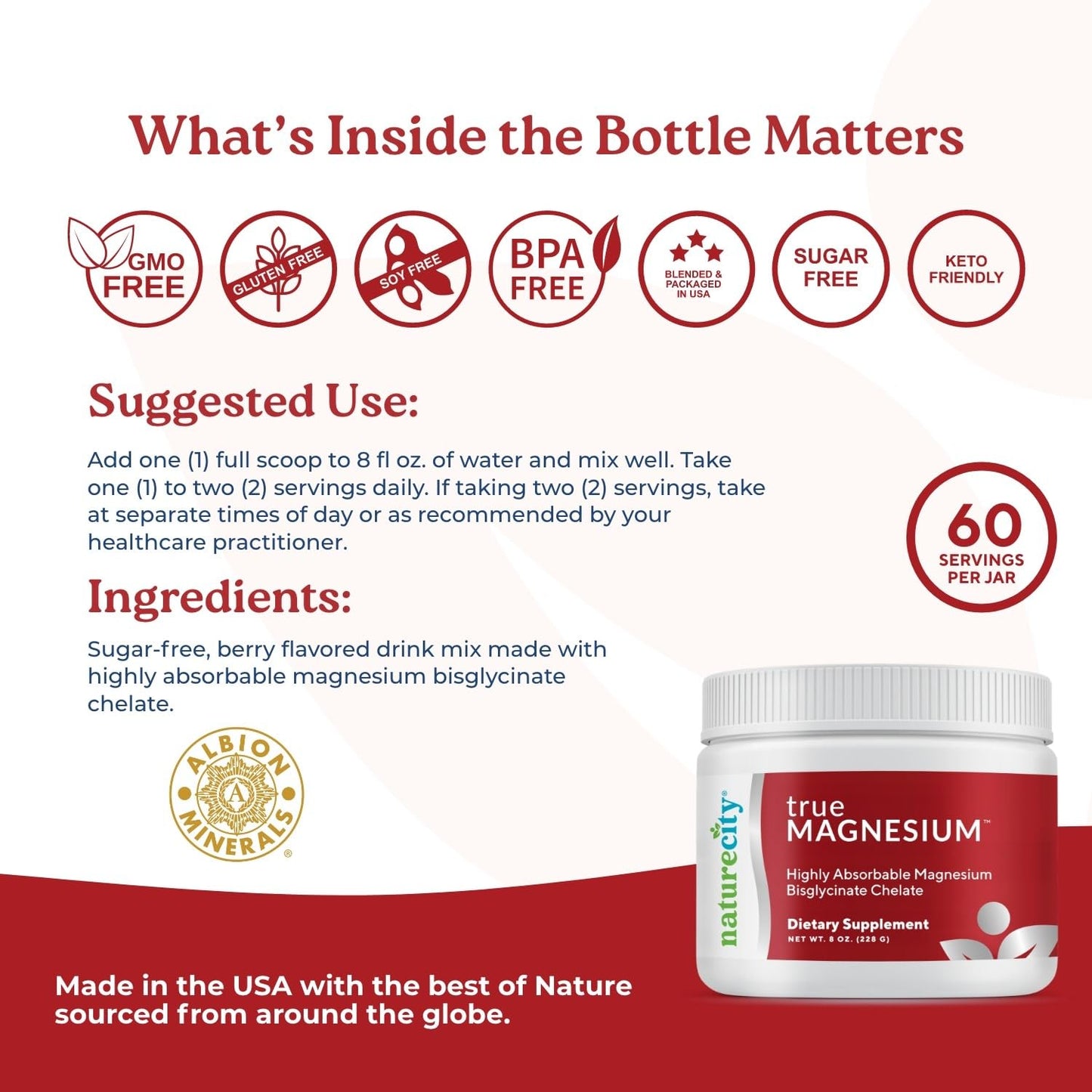 NatureCity TrueMagnesium Highly Absorbable Chelated Magnesium Bisglycinate Powder Drink Mix (60 Servings) - Magnesium Supplement for Sleep and to Support Bone Health & Muscles