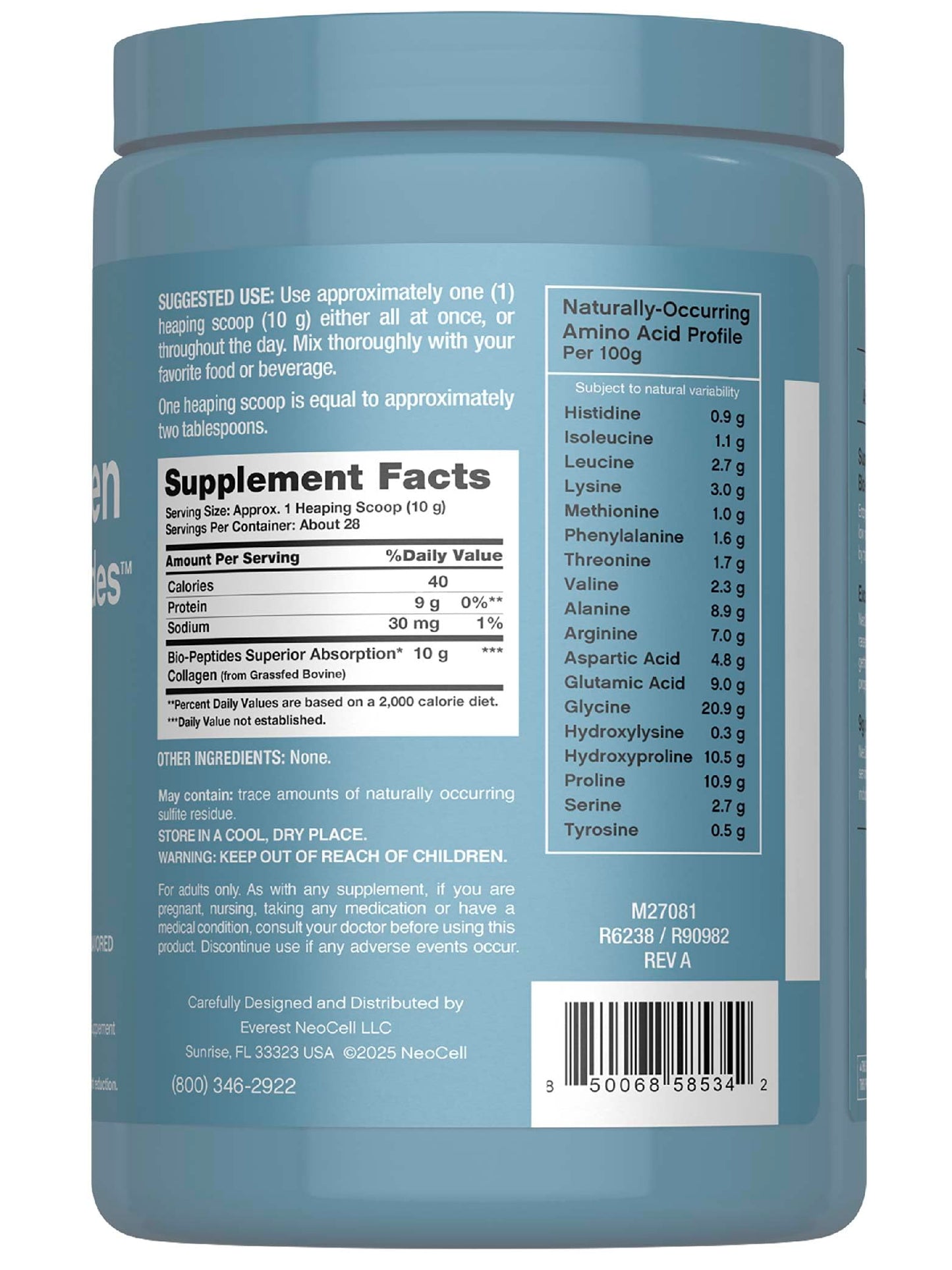 NeoCell Collagen Bio-Peptides Powder | 10oz | Super Hair, Skin, and Nails | Superior Absorption | Grassfed Protein Supplement | Advanced with 18 Essential Amino Acids |