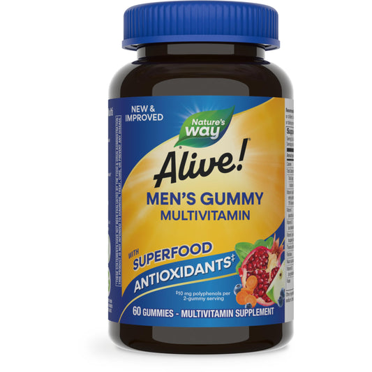 Nature's Way Alive! Men's Gummy Multivitamin, Supports Energy Metabolism*, Muscle Function*, Superfood Antioxidants(1), B-Vitamins, Vegetarian, Fruit Flavored, 60 Gummies (Packaging May Vary)