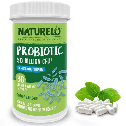 NATURELO Probiotics for Digestive Health - 50 Billion CFU, 11 Strains Daily Supplement - Boosts Immune System, Delayed Release, 30 Vegetarian Capsules