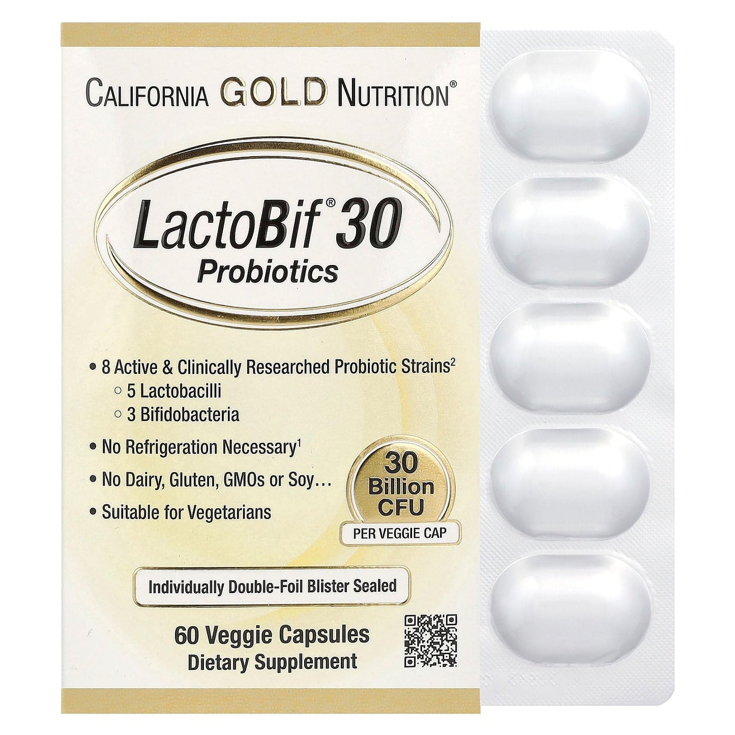 California Gold Nutrition LactoBif® 30 Probiotics, 30 Billion CFU, 60 Veggie Capsules
