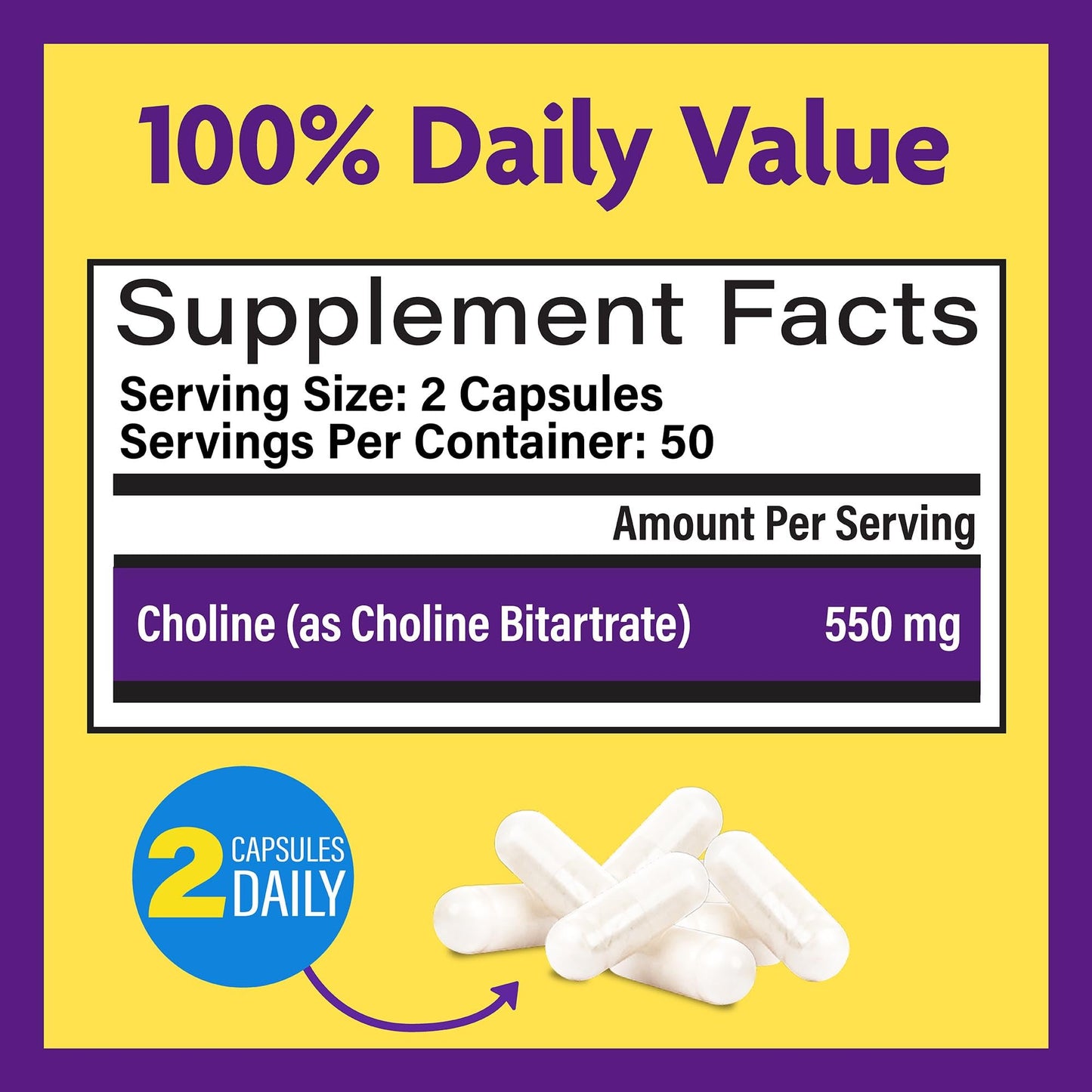 InnovixLabs Choline Supplement 550mg Pure Choline Bitartrate for Brain Health, Focus, Memory, Cognitive Development, Fatty Liver and Mood Support for Women and Men, 100 Capsules