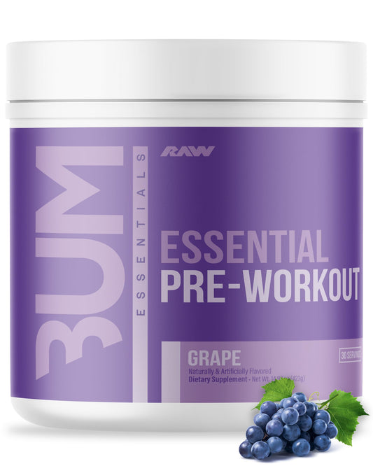 RAW Essential Pre-Workout Powder (Grape) - Chris Bumstead Sports Nutrition Supplement for Men & Women - Preworkout Energy Powder with Caffeine, L-Citrulline, L-Tyrosine, & Beta Alanine Blend