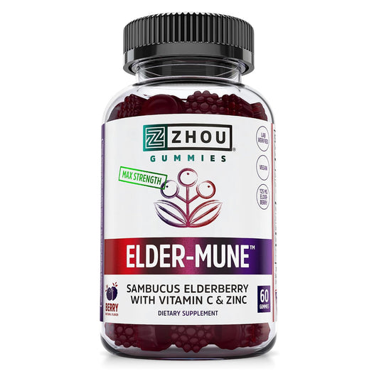 Zhou Elder-Mune Elderberry Gummies - Elderberry Vitamin C and Zinc, Daily Immune Support Supplemenet for Women & Men, Chewable Natural Black Elderberry for Adults & Children 4 & Up - 60 Gummies