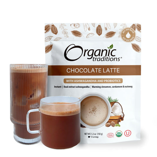 Organic Traditions Superfood Chocolate Latte – Creamy Coconut Milk Base - Dual Extract Ashwagandha – Easy to Mix - Sweetened with Coconut Palm Sugar – 1 Billion Probiotics per Serving - 150g/ 5.3oz Bag