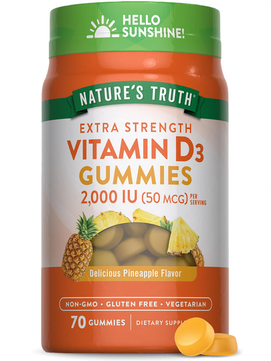 Nature's Truth Vitamin D3 Gummies | 2000 IU | 70 Count | Pineapple Flavor | Vegetarian, Non-GMO and Gluten Free Supplement