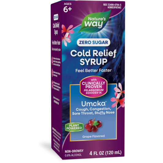 Nature's Way Cold Relief Zero Sugar Syrup, Umcka, Homeopathic, Shortens Colds, Sore Throat, Cough, Congestion, and Stuffy Nose, Phenylephrine Free, Grape Flavored, 4 Fl Oz (Packaging May Vary)