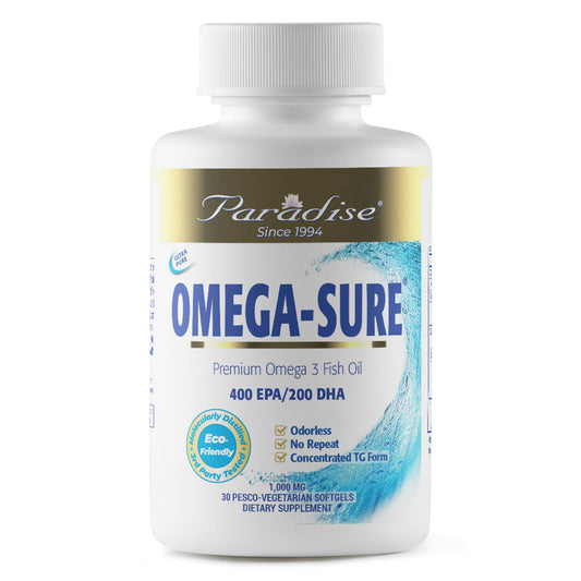 Paradise Herbs Omega-Sure, Omega-3 Concentrate, Premium Fish Oil, DHA, EPA, Vegan, Non GMO, Gluten Free, 30 Count Vegetarian Softgels