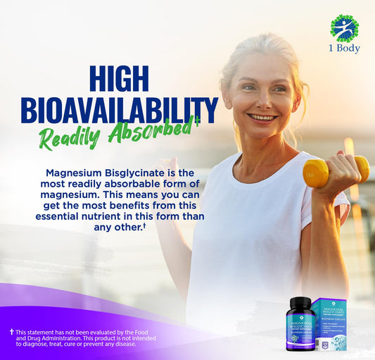 1 Body Magnesium Bisglycinate Supplement, 44 mg Pure Chelated Formula, 120 Capsules, Maximum Absorption, Muscle Cramp Relief