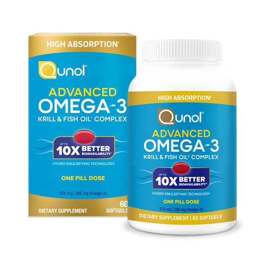 Qunol Advanced Omega 3 Krill and Fish Oil Complex, 10x Better Bioavailability, One Pill Dose, 250mg EPA & DHA, Supports Brain, Eye, Heart and Joint Health, 60 Count