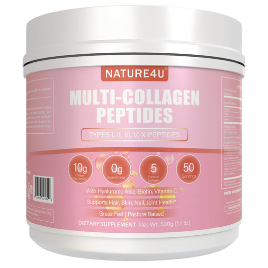 Nature4U Multi Collagen Peptides Powder 10g - Type I, II, III, V, X Hydrolyzed Collagen Protein Powder with Biotin, Hyaluronic Acid, Vitamin C for Hair, Skin, Nails & Joint Support - Unflavored 1.1 lb