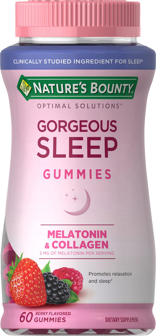 Nature's Bounty Optimal Solutions Gorgeous Sleep Melatonin 5mg Gummies with Collagen, 60 Count, Assorted Fruit Flavors