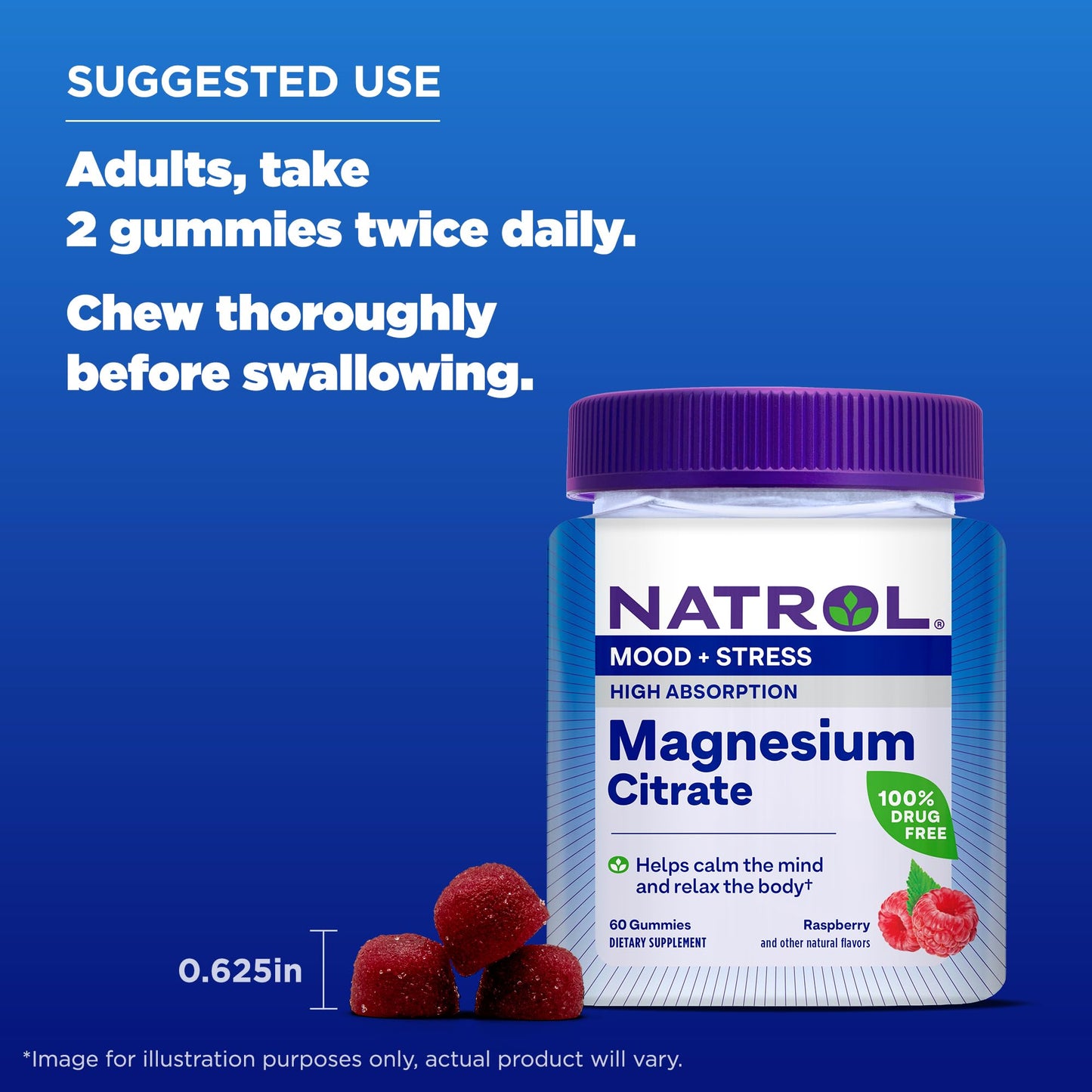 Natrol Mood + Stress Magnesium Citrate 330mg, Dietary Supplement for Mood and Occasional Stress Support, 60 Raspberry-Flavored Gummies, 15-Day Supply