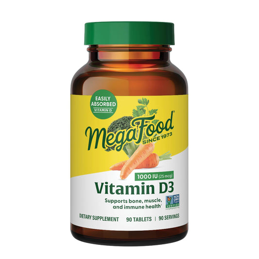 MegaFood Vitamin D3 1000 IU (25 mcg) - Vitamin D Supplements with Real Food, Immune Support, Supports Bones, Teeth & Muscles, Vegetarian, Gluten-Free, Non-GMO, Kosher – 90 Tablets, 90 Servings