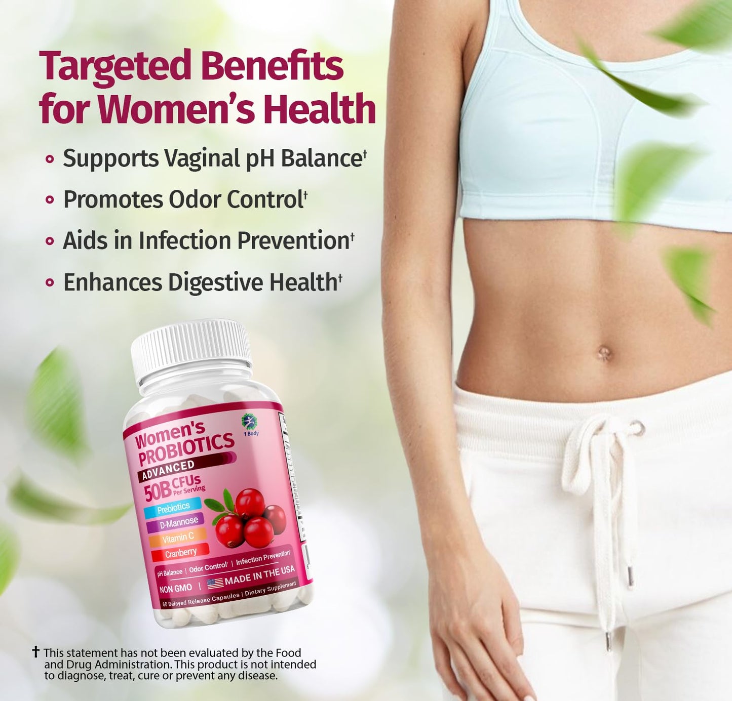1 Body Women's Probiotic Supplement, 50 Billion CFU, Vaginal and Digestive Health Support, 60 Vegan Capsules