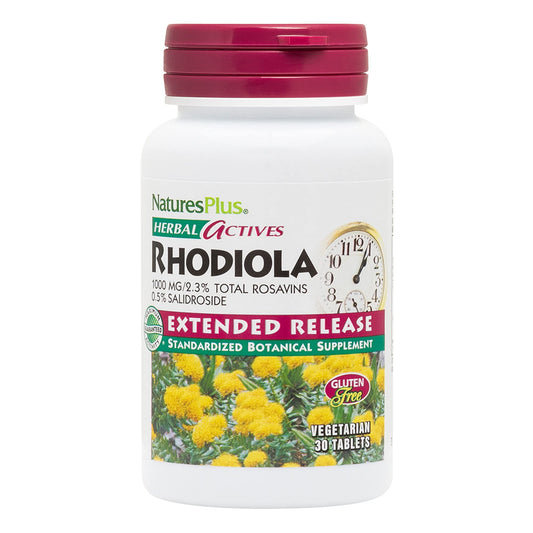 Natures Plus Rhodiola, Extended Release - 1000 mg, 30 Vegan Tablets - Herbal Supplement for Energy, Focus & Stress Relief - Vegetarian, Gluten-Free - 30 Servings