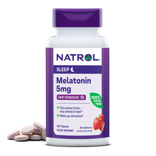Natrol Fast Dissolve Melatonin 5 mg, Melatonin Supplements for Restful Sleep, Sleep Support for Adults, 90 Strawberry-Flavored Tablets, Up to a 90 Day Supply