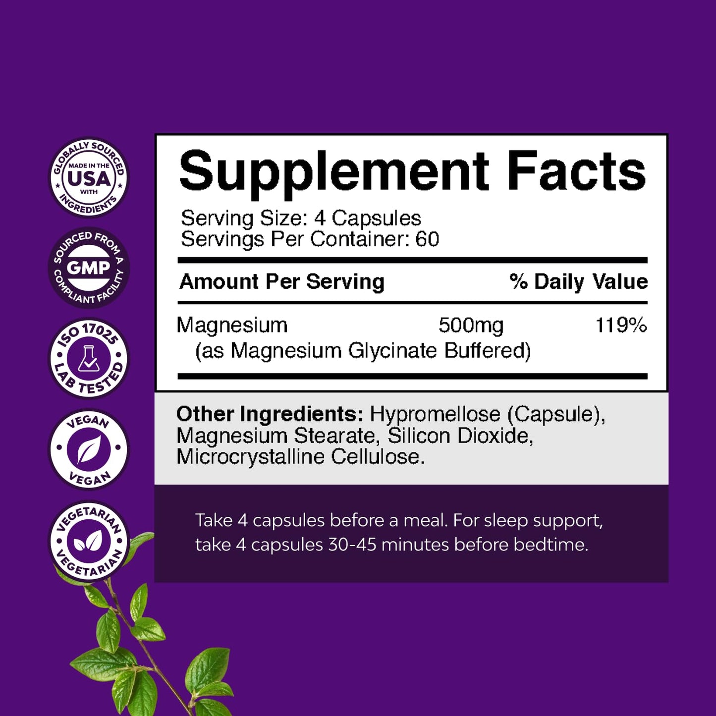 High Absorption Magnesium Glycinate Capsules - 500mg Magnesium Glycinate Per Serving for Calming Sleep Plus Muscle Bone & Nerve Support - Chelated 500mg GMP Certified 240 Count