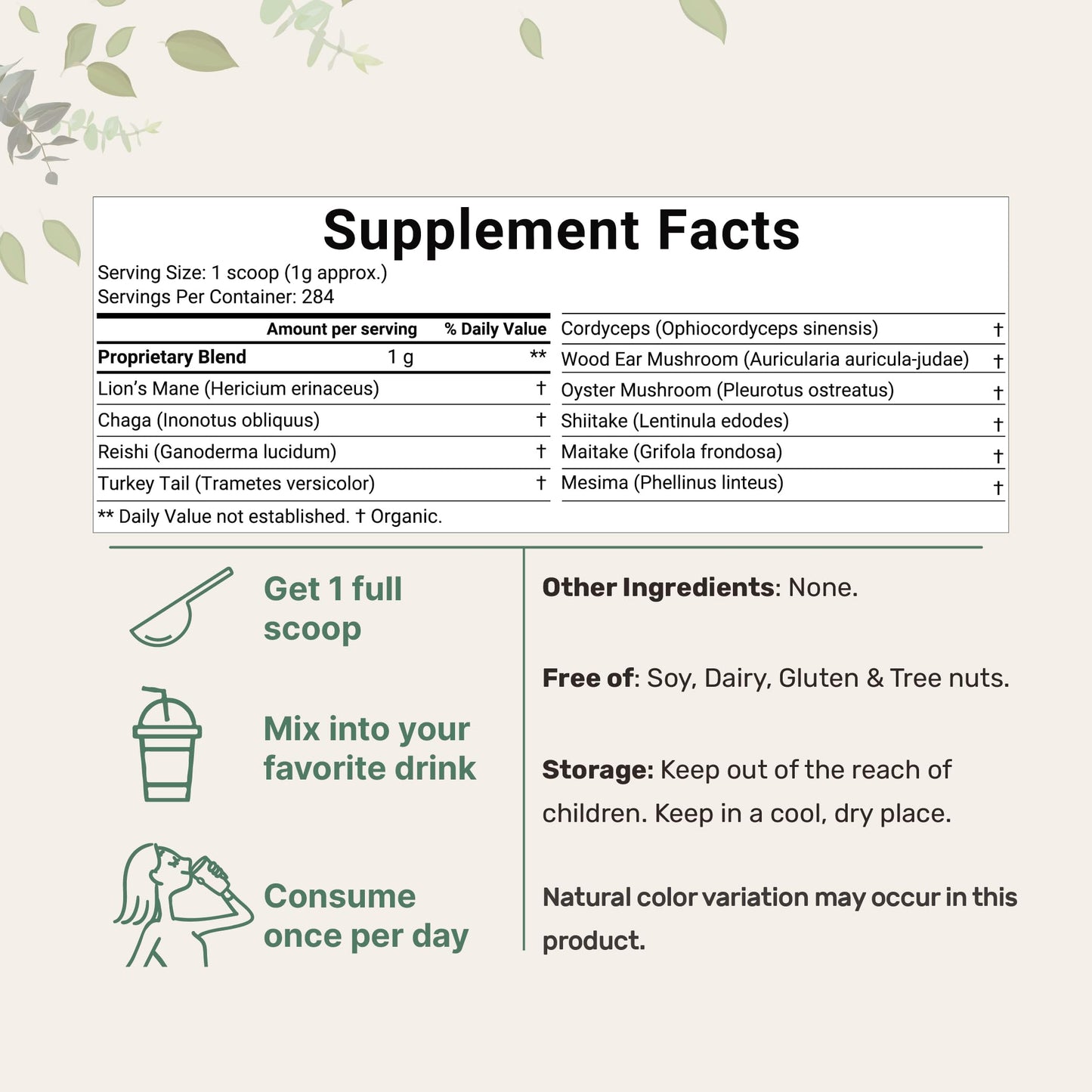 Micro Ingredients Organic Mega Mushroom 10 in 1 Complex Formula Powder for Immune System Booster, 10 Ounce (284 Days Supply), Chaga, Lions Mane, Cordyceps, Reishi & More, Filler Free, Vegan